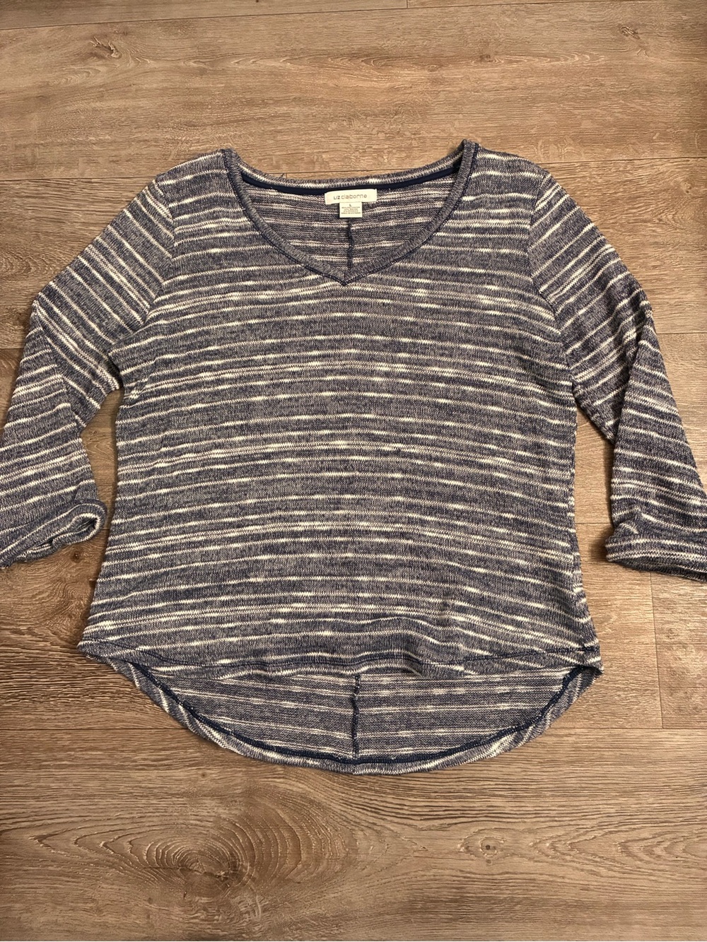 Liz Claiborne Navy and White Striped Long Sleeve Knit Top